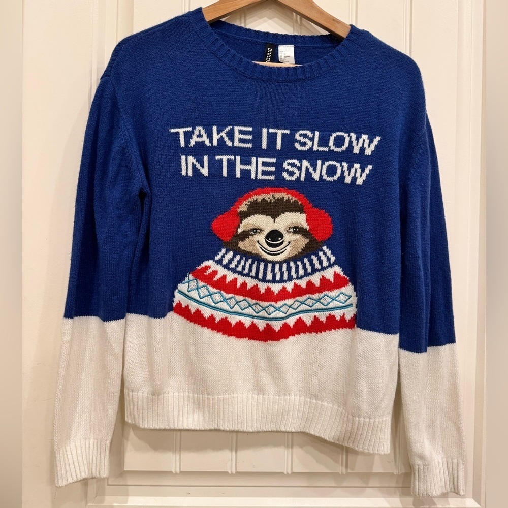 H&M Divided Blue/Cream Take It Slow In The Snow Sloth Ugly Christmas Sweater. S